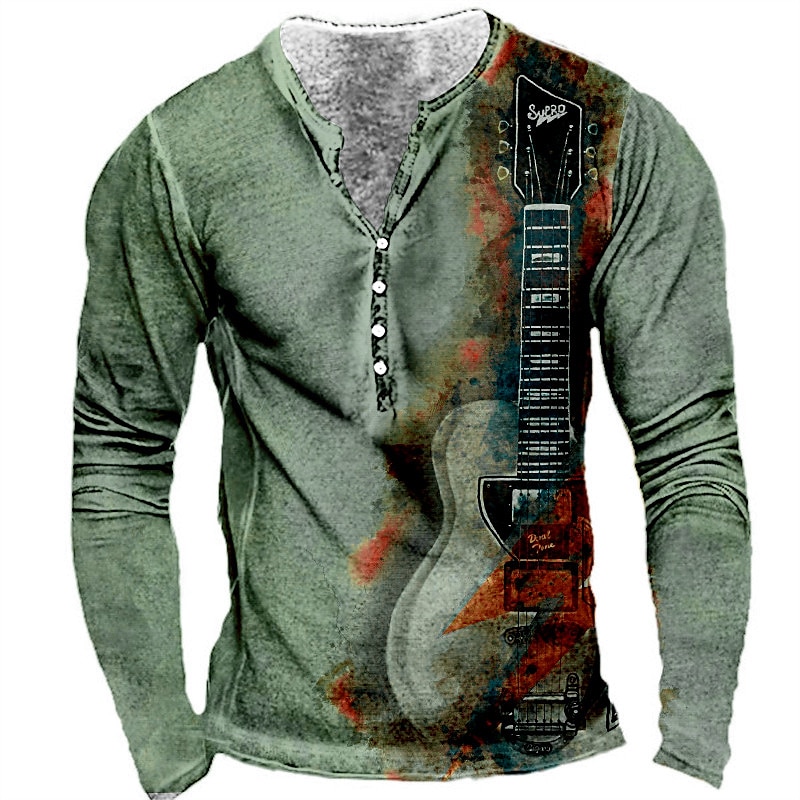 Men's Guitar Button-Down Classic Long Sleeve Henley Shirt
