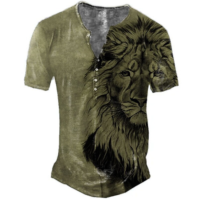 Men's Animal Lion Short Sleeve Button-Down Henley Shirt