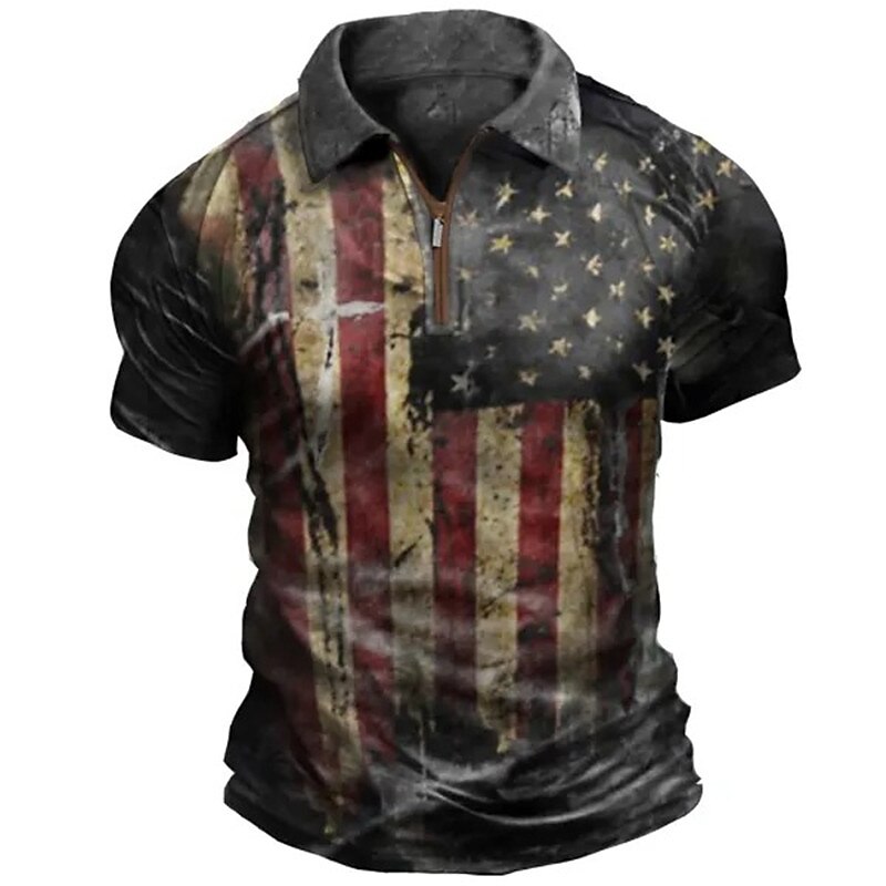 Men's Outdoor Golf Street Fashion Comfortable Breathable Light Zipped Prints Short Sleeve Polo Shirt