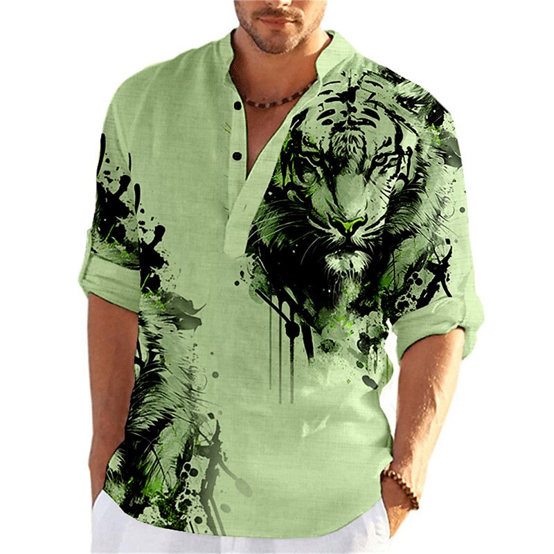 Men's Linen Outdoor Street Fashion Casual Breathable Light Long Sleeves Prints Shirt