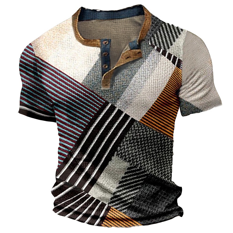 Men's Waffle  Graphic Color Block 3D Print   Short Sleeve Henley Shirt