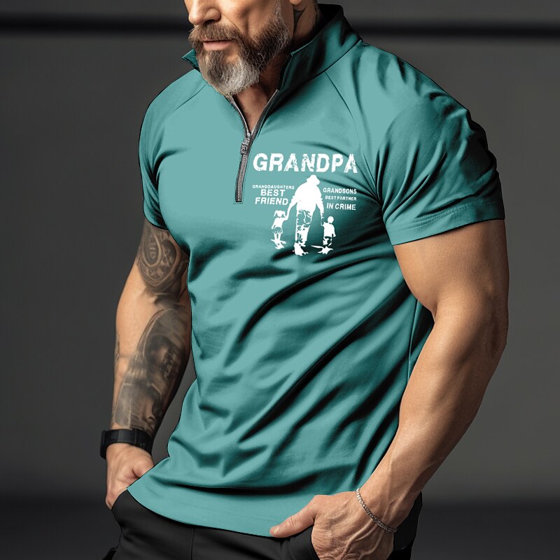 Men's Zip  Letter Graphic Prints Father's Day Turndown Short Sleeves Polo Shirt 