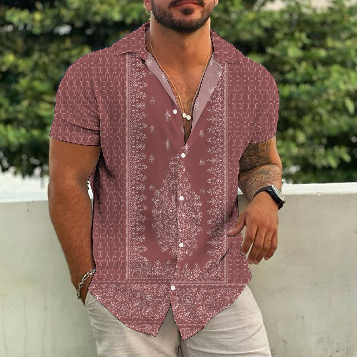 Men's Casual Beach Hawaiian Street Breathable Comfortable Light Pattern Print Lapel Short Sleeve Shirt
