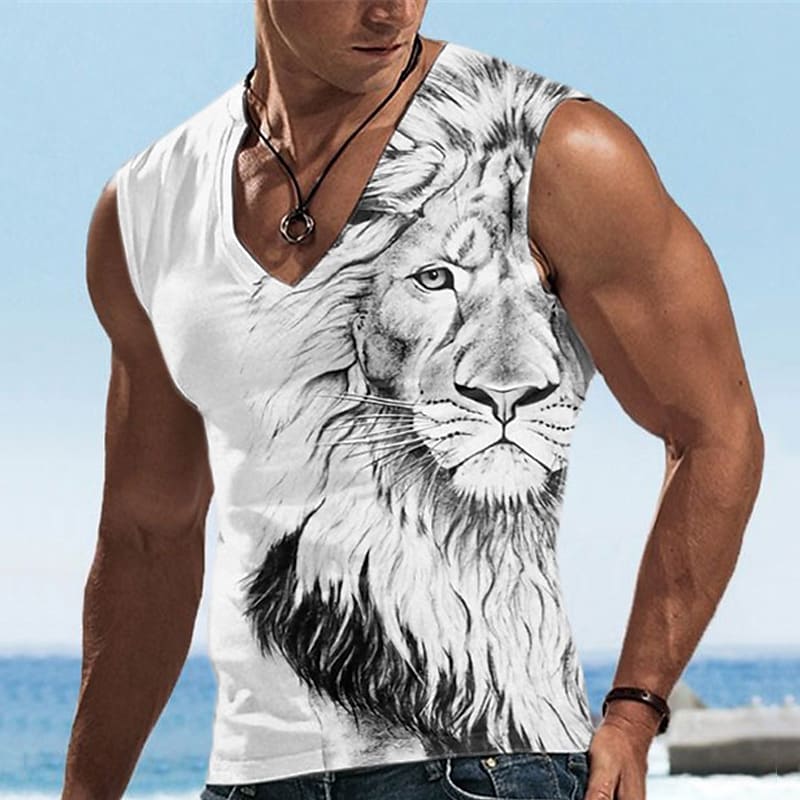 Men's Animal Lion V Neck Vest Top Sleeveless T Shirt