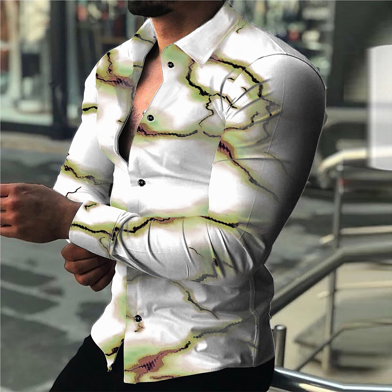 Men's Outdoor Casual Street Fashion Breathable Comfortable Light Print Long Sleeve Shirt