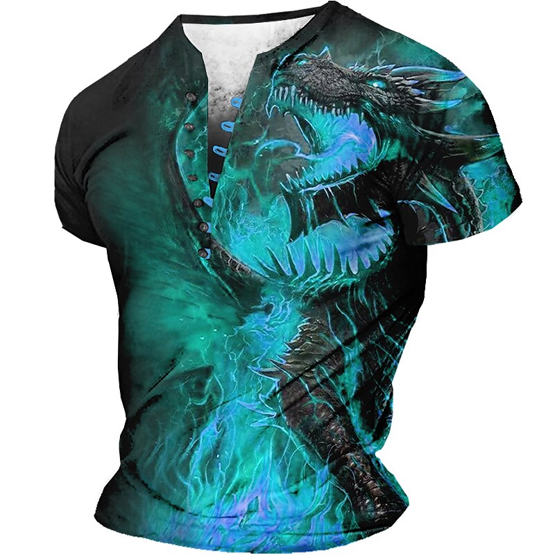 Men's Outdoor Street Sports Fashion Comfortable Breathable 3D Print Short Sleeve Henley Shirt