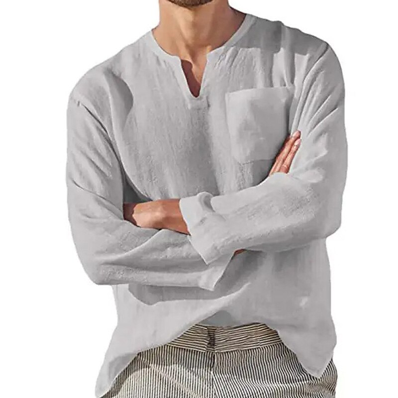 Men's Linen Shirt Summer Shirt Beach Shirt Black White Navy Blue Long Sleeve Plain V Neck Spring & Summer Casual Daily Clothing Apparel Front Pocket