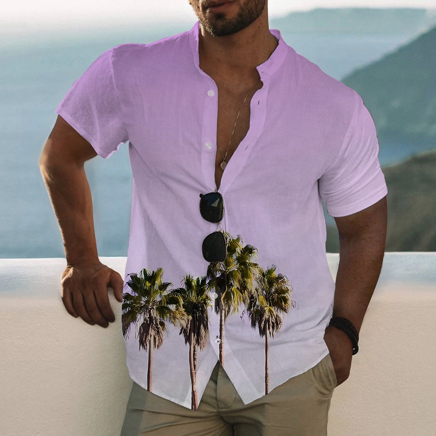 Men's Outdoor Hawaiian Casual Fashion Breathable Comfortable Light Print Short Sleeve Shirt