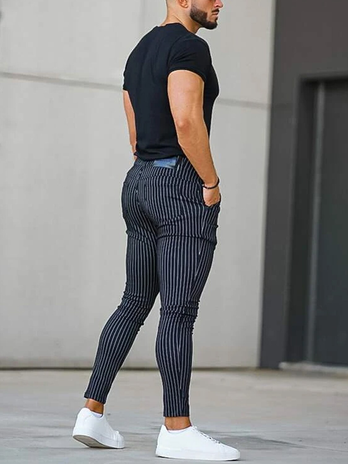Men's  Pocket Stripe Skinny Trousers Chino Pants