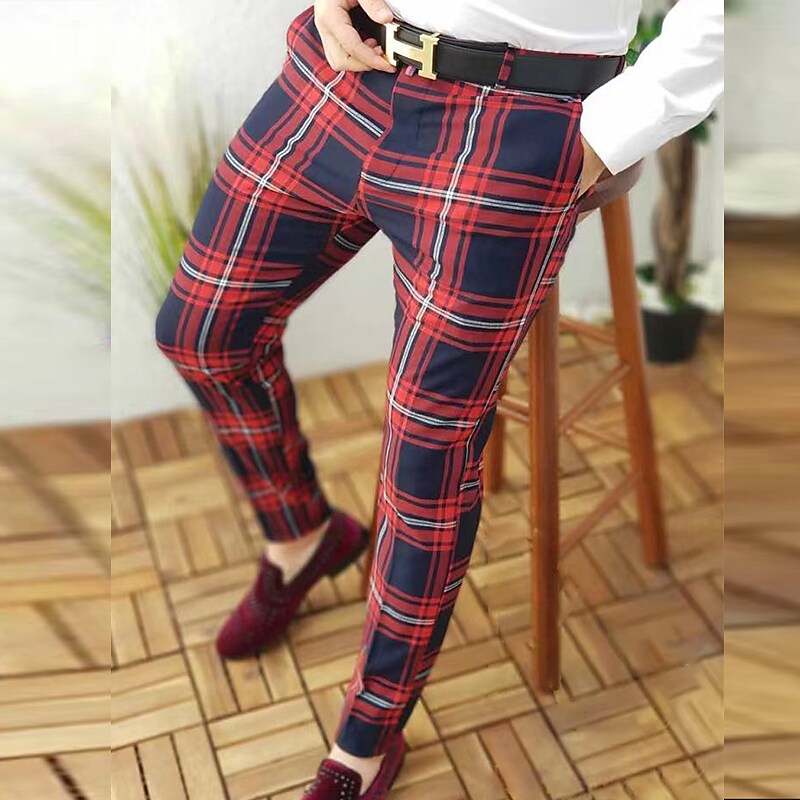 Men's Chinos  Plaid Dress Pants Print Lattice Full Length Micro-elastic Jogger Pants