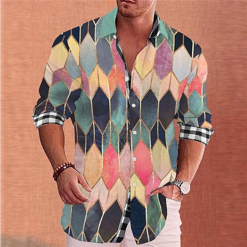 Men's Shirt Linen Shirt Color Block Graphic Prints Geometry Turndown Black Blue Purple Green Khaki Outdoor Street Long Sleeve Print Clothing Apparel Linen Fashion Streetwear Designer Casual