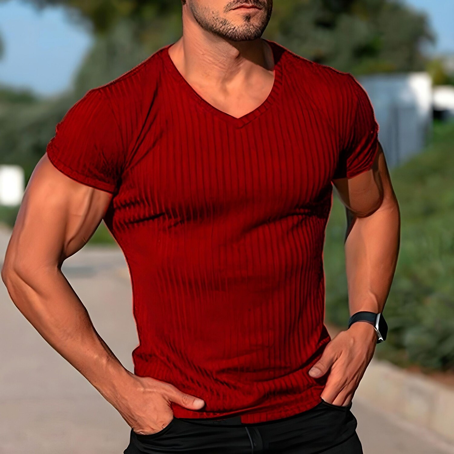 Men's Plain V Neck  Muscle Short Sleeves T-shirt 