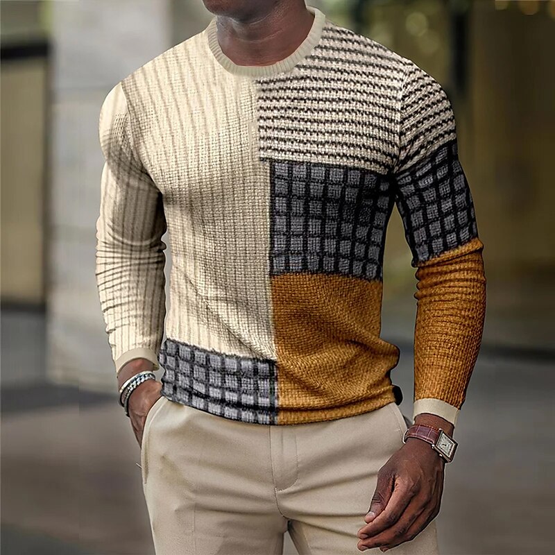 Men's Waffle  Graphic Color Block Crew Neck 3D Print Outdoor Casual Long Sleeve T-Shirt