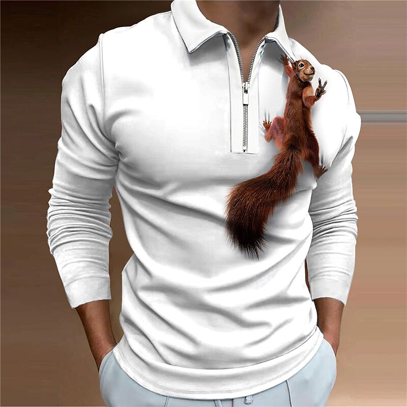 Men's Animal Graphic Prints Squirrel 3D Print Long Sleeve Zipper Polo 