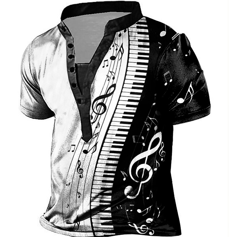 Men's Pano Keys  V Neck Print Casual Henley Shirt 