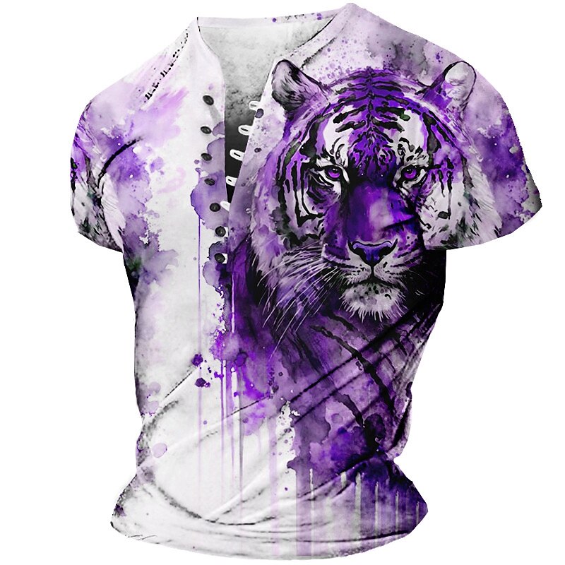 Men's Outdoor Street Sports Fashion Comfortable Breathable 3D Print Short Sleeve Henley Shirt