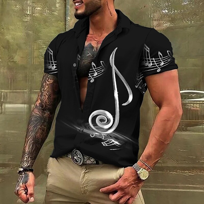 Men's Music Notes Turndown Button-Down Short Sleeves Shirt