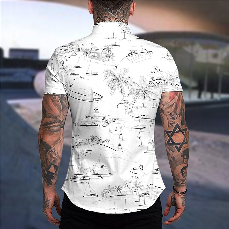 Men's Coconut Tree Graffiti Turndown Button-Down Short Sleeve Shirt