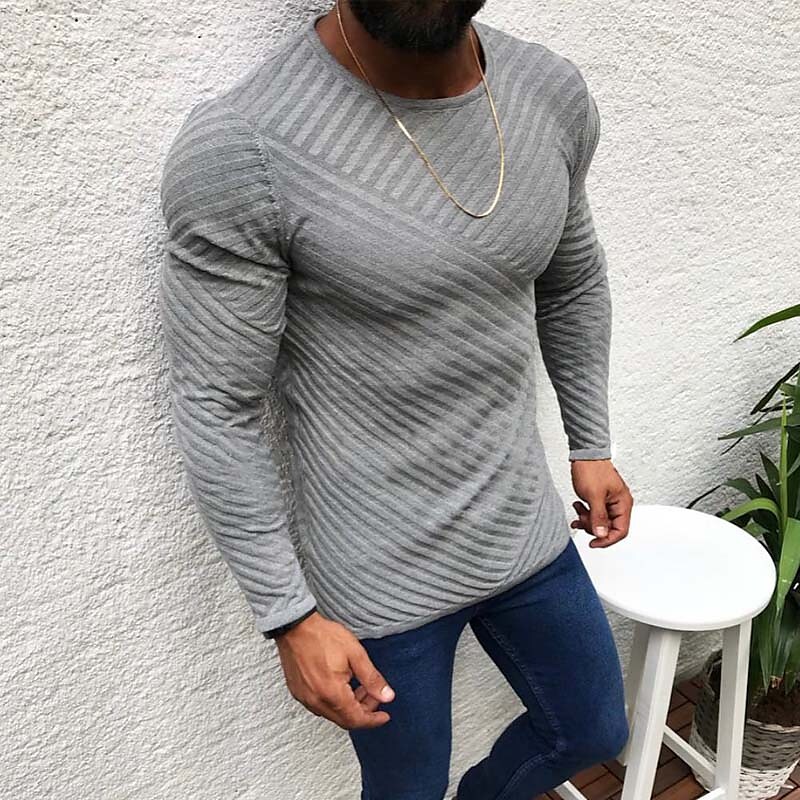 Men's Sweater Pullover Ribbed Knit Cropped Knitted Solid Color Crew Ne