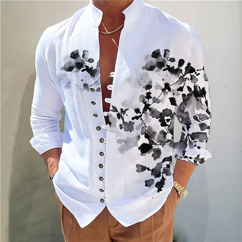 Men's Floral Graphic Prints Stand Collar  Long Sleeve  Shirt 
