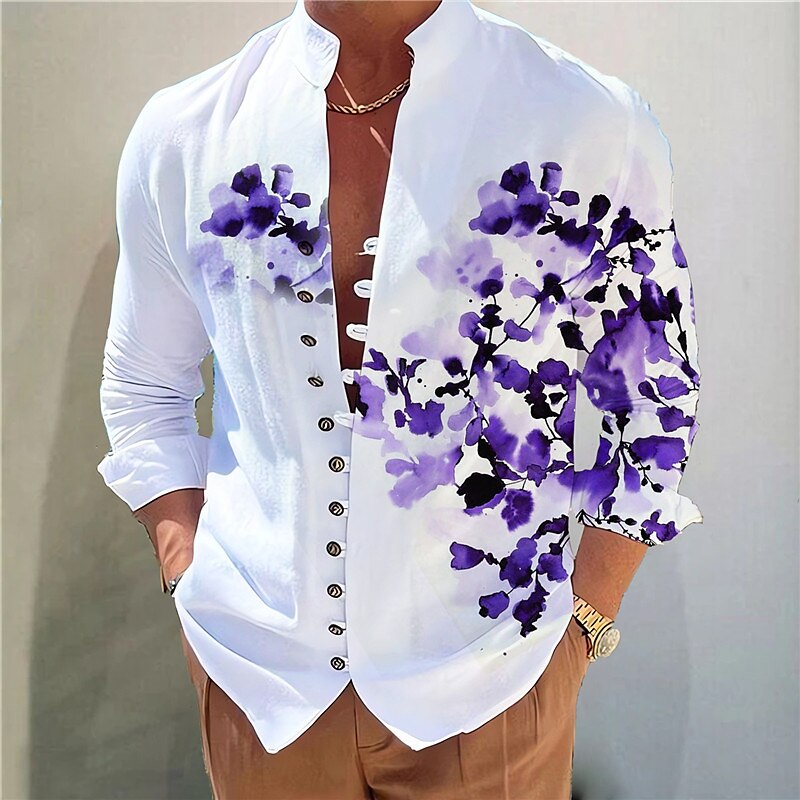 Men's Floral Graphic Prints Stand Collar  Long Sleeve  Shirt 