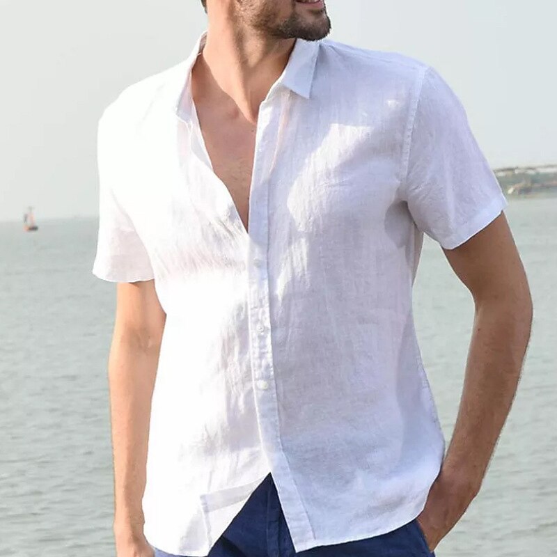 Men's Linen Shirt Shirt Solid Color Collar Black White Blue Green Gray Street Daily Short Sleeve Clothing Apparel Casual Breathable Comfortable Henley