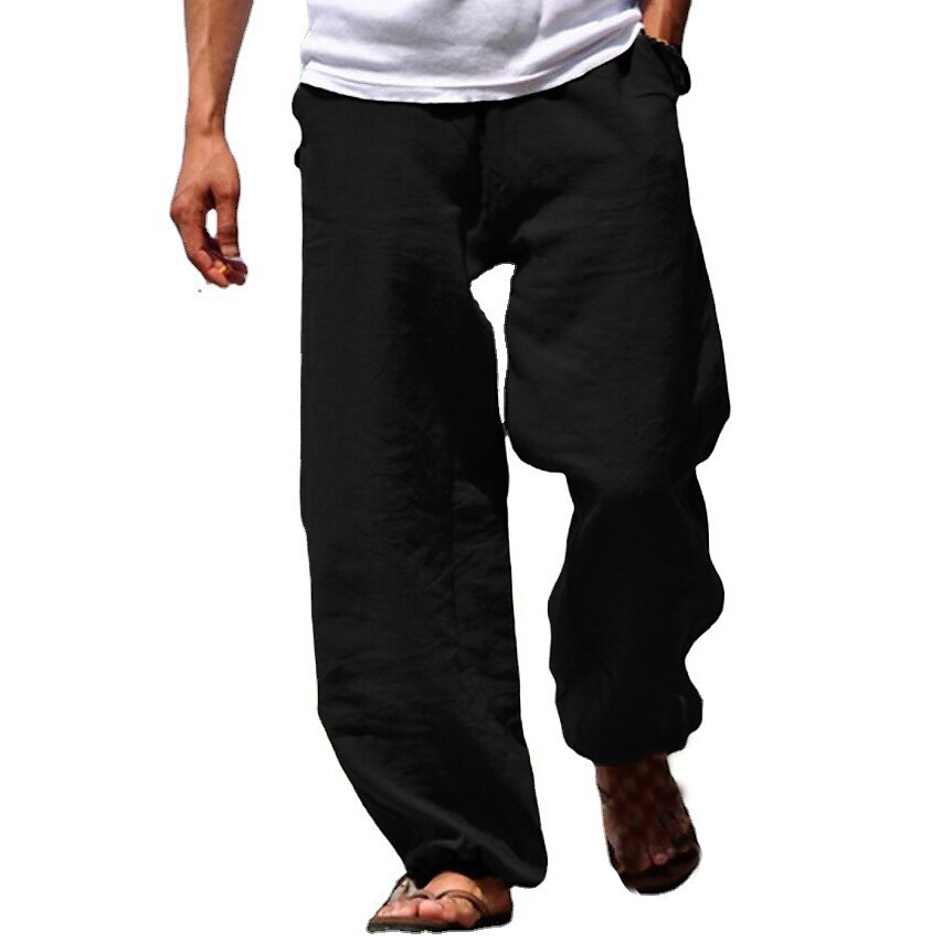 Men's Linen Pants Trousers Chinos Elastic Drawstring Design Fashion Streetwear Casual Daily Cotton And Linen Breathable Soft Outdoor Solid Color Black White Light Green S M L