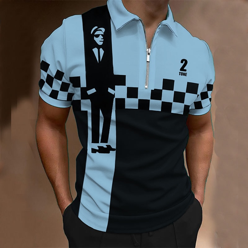 Men's Collar Polo Shirt Golf Shirt Plaid Turndown Black / White Green 