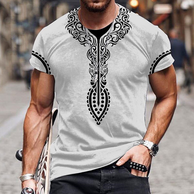 Men's Graphic Flocking Crew Neck  3D Print Short Sleeve  Ethnic T-shirt