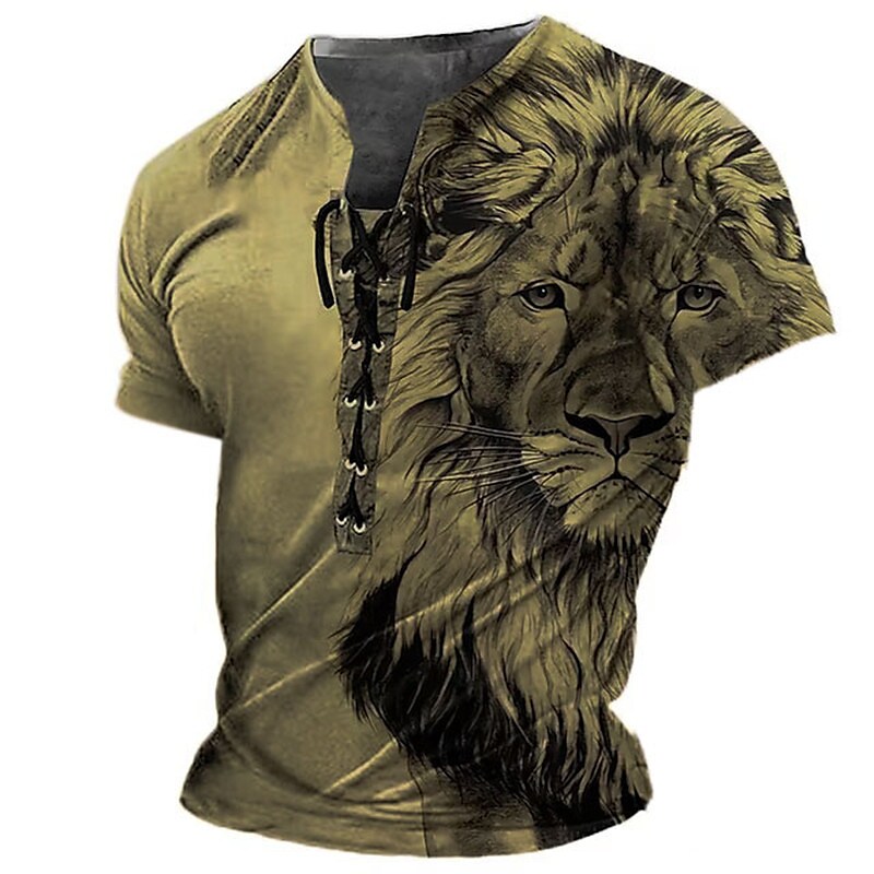 Men's Graphic Animal Lion 3D Print  Lace up  Vintage Short Sleeve T-shirt 