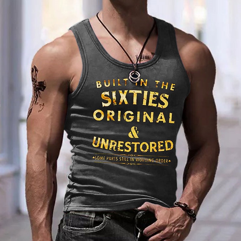 Men's Letter Crew Neck Sleeveless Print  Casual Undershirt 