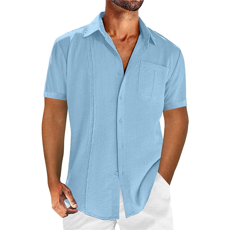 Men's Shirt Linen Shirt Button Up Shirt Summer Shirt Beach Shirt Guayabera Shirt Black White Navy Blue Short Sleeve Plain Lapel Summer Casual Daily Clothing Apparel Front Pocket