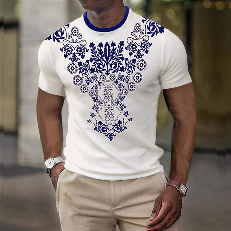 Men's Graphic Florals Crew Neck 3D Print Short Sleeve  Ethnic T-shirt