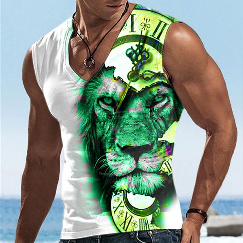Men's Graphic Animal Lion V Neck 3D Print Sports Muscle  Vest