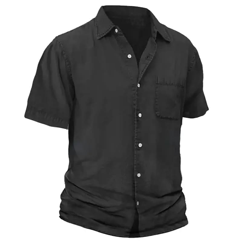 Men's Button Up Plain Turndown  Front Pocket Short Sleeve Shirt