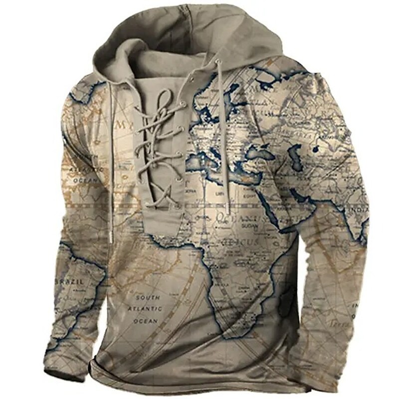 Men's Map Graphic Prints Lace up Hoodie Sweatshirt