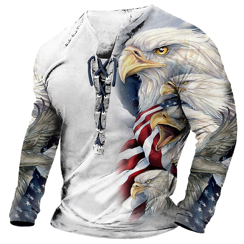 Men's Graphic Eagle 3D Print  Long Sleeve Lace up  T-shirt