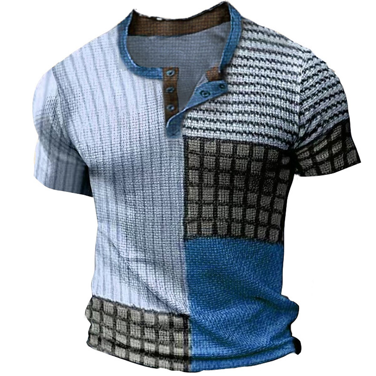 Men's Waffle Henley Shirt Outdoor Casual Fashion Breathable Soft Short Sleeve Print Top
