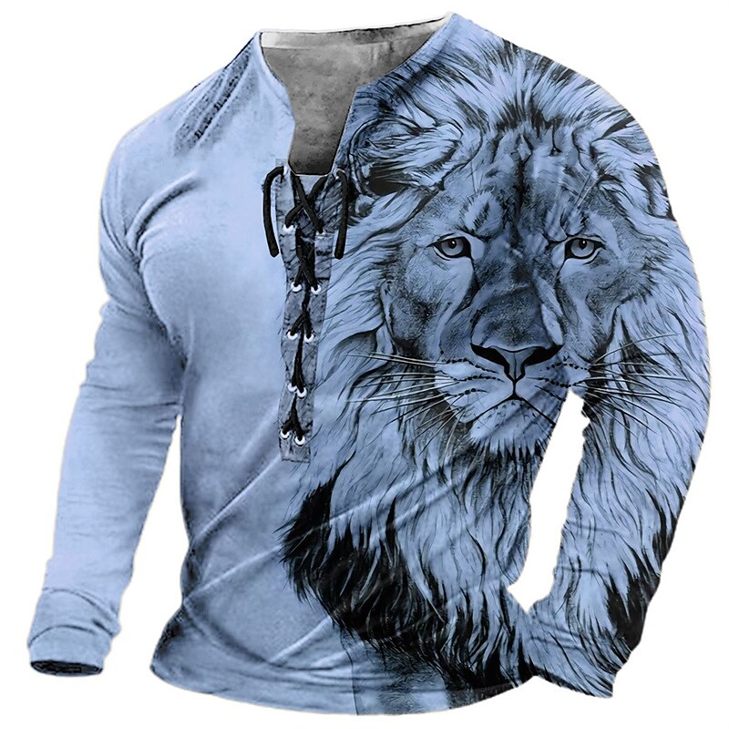 Men's Lion 3D Print Lace up Print Long Sleeve T-shirt 