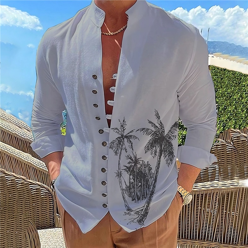 Men's Summer Hawaiian Coconut Tree Graphic Prints Stand Collar  Outdoor Long Sleeve Shirt