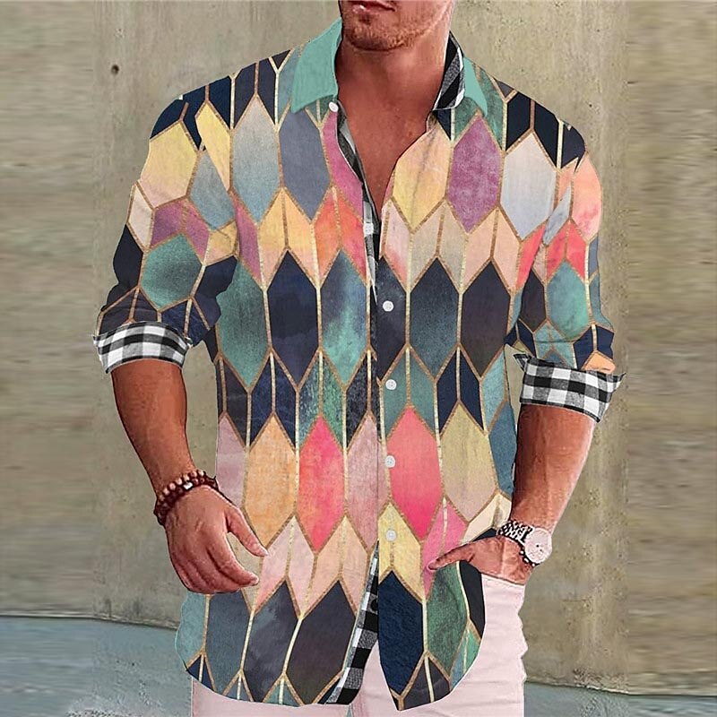 Men's Shirt Linen Shirt Color Block Graphic Prints Geometry Turndown Black Blue Purple Green Khaki Outdoor Street Long Sleeve Print Clothing Apparel Linen Fashion Streetwear Designer Casual