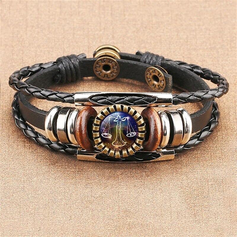 12 Zodiac Constellation Bracelet, Leather Hand-Woven Galaxy Astrology