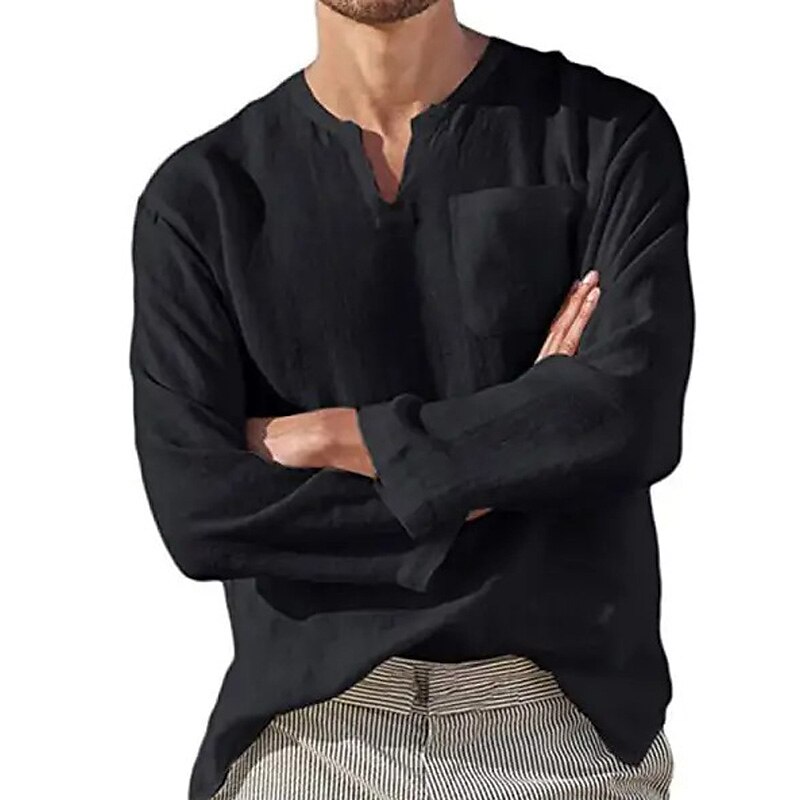 Men's Linen Shirt Summer Shirt Beach Shirt Black White Navy Blue Long Sleeve Plain V Neck Spring & Summer Casual Daily Clothing Apparel Front Pocket