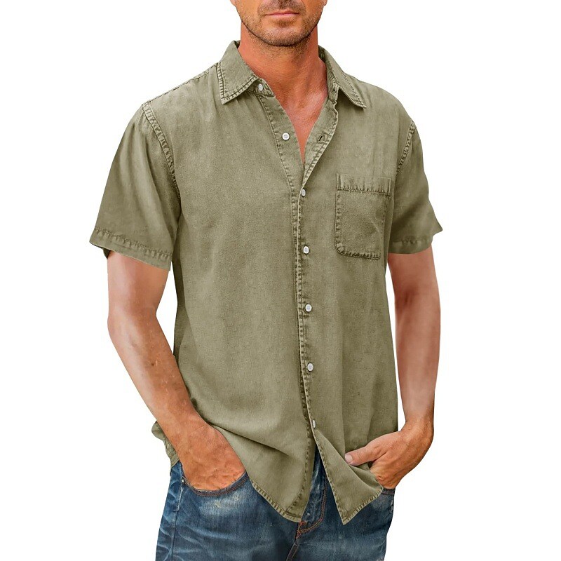 Men's Button Up Plain Turndown  Front Pocket Short Sleeve Shirt