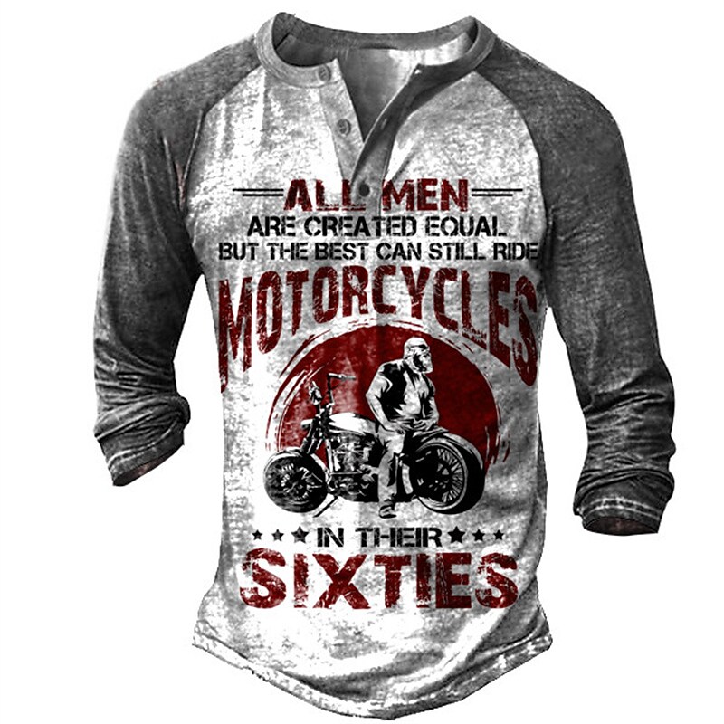 Men's Vintage Motorcycle Print Comfortable Breathable Cotton Henley Sh
