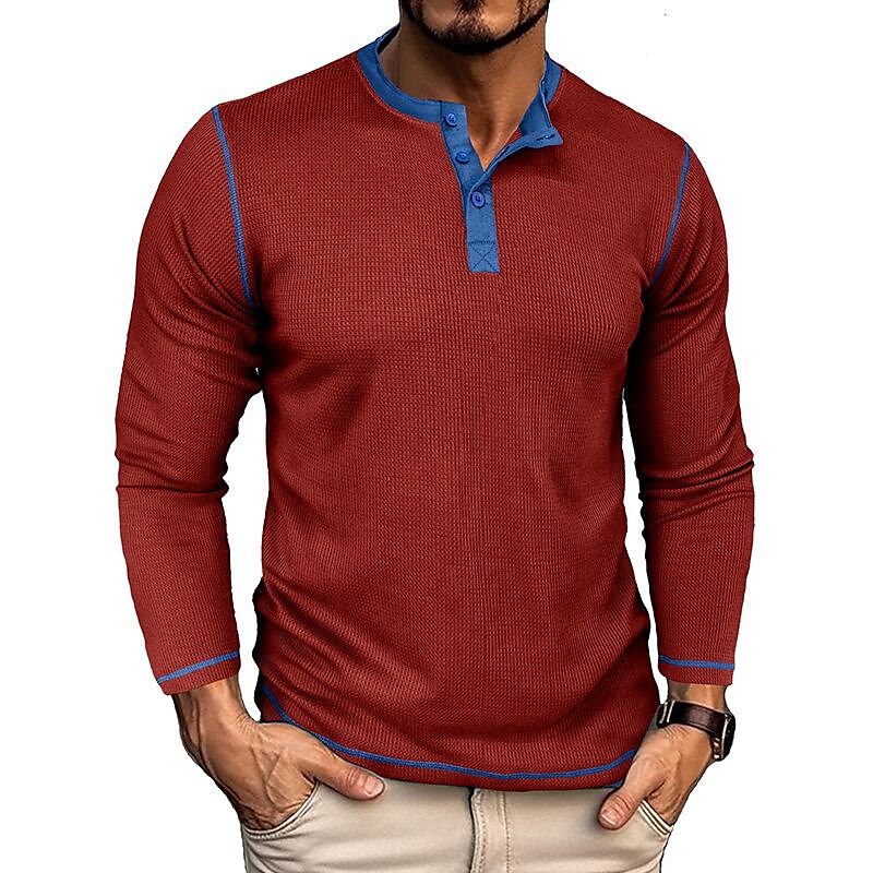 2023 Men'S Long-Sleeved Knitted Waffle Henley Shirt