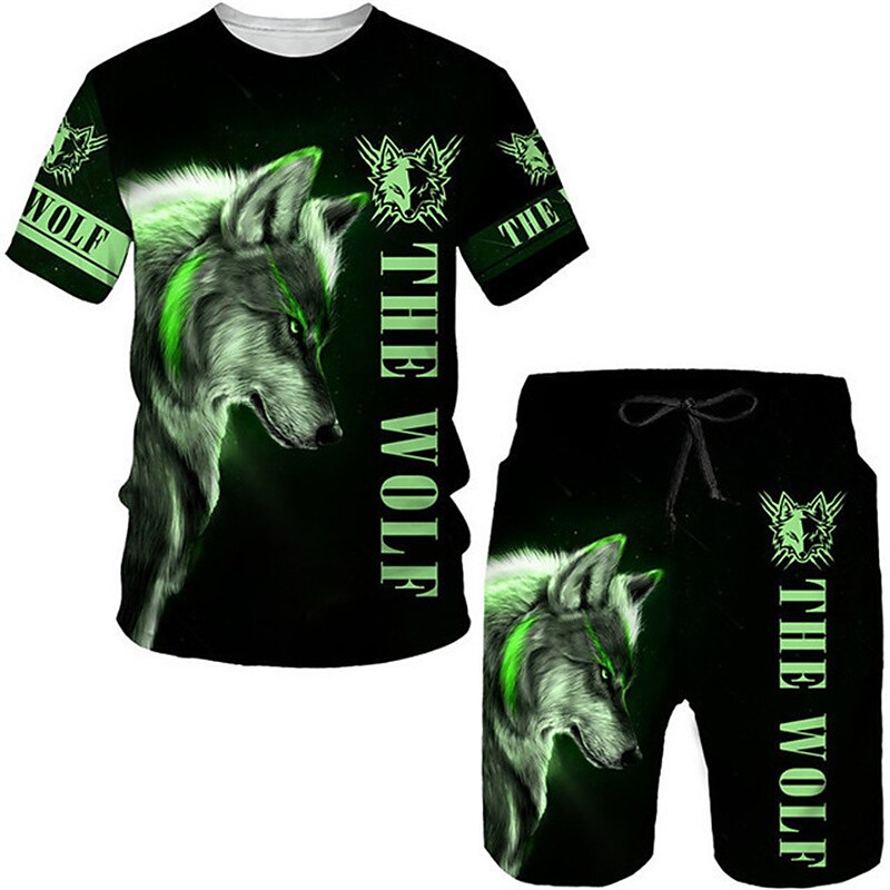 Men's  Wolf Crew Neck Short Sleeve  Shorts and T-Shirt Set 2 Piece