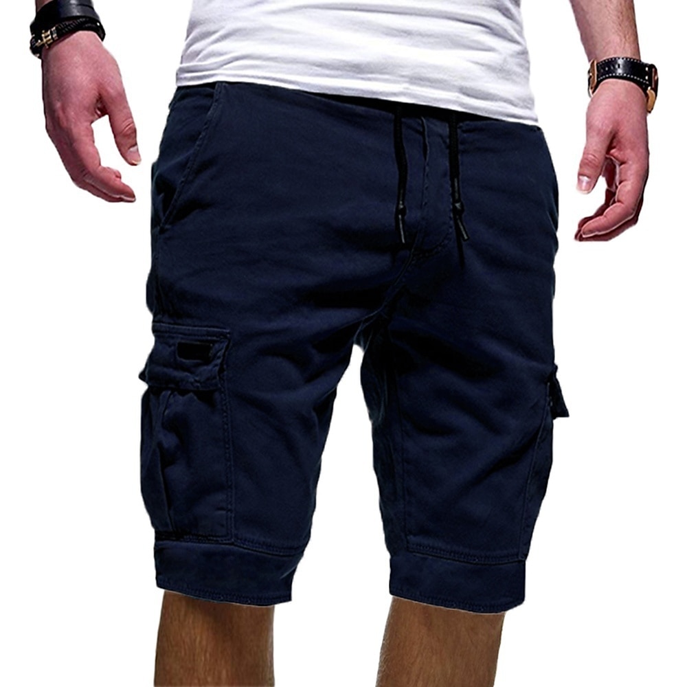Men's Cargo Shorts Drawstring Multi Pocket Solid Color Outdoor Knee Length Daily Weekend Cotton Blend Streetwear Casual Black White Inelastic