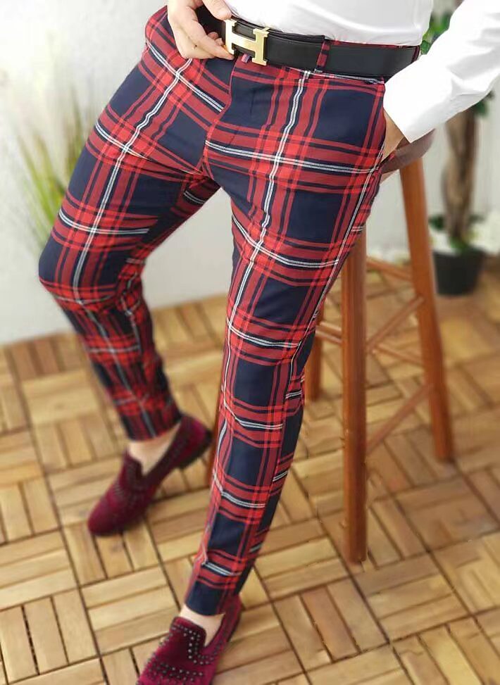 Men's Chinos  Plaid Dress Pants Print Lattice Full Length Micro-elastic Jogger Pants