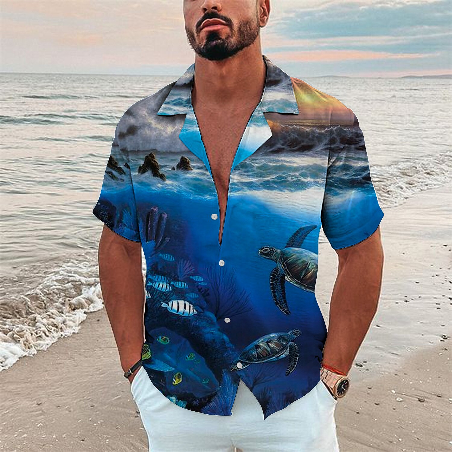 Men's Outdoor Holiday Casual Hawaiian Fashion Breathable Comfortable Light Print Short Sleeve Shirt